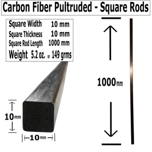 Pultruded Carbon Fiber Square Rods - 10mm x 10mm x 1000mm - High Strength Solid Rods