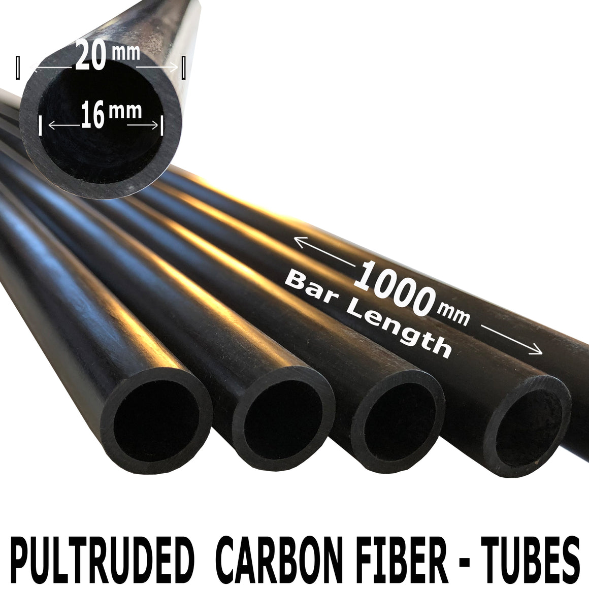 Pultruded Carbon Fiber Tubing - 20mm x 16mm x 1000mm - High Strength
