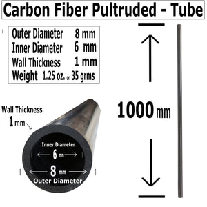 Pultruded Carbon Fiber Tubing  - 8mm x 6mm x 1000mm - High Strength
