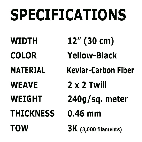 KEVLAR ARAMID Fabric - 12 in x 100 ft - Ylw/Blk Twill - 240g/m2