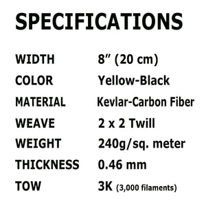 KEVLAR ARAMID  Fabric - 8 in x 100 ft - Ylw/Blk Twill - 240g/m2 - 3K TOW