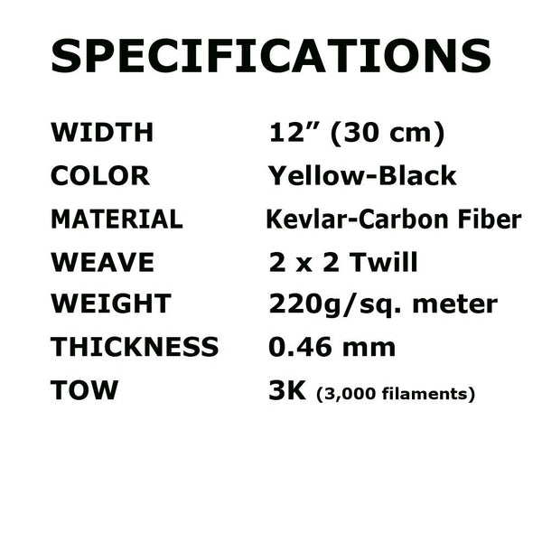 Kevlar Fabric- (YLW-Blk 10 ft x 12 in) 2x2 Twill WEAVE-3K/200g