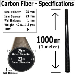 (4) Carbon Fiber Tubes - 25mm x 23mm x 1000mm - 3K Roll Wrapped 100% Carbon Fiber Tube Glossy Surface -(4) Tubess