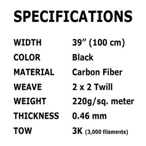 Carbon fiber specifications, black twill, 3K TOW, 2x2 Twill weave