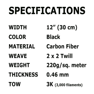 Carbon fiber specifications, black twill, 3K TOW, 2x2 Twill