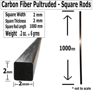 Pultruded Carbon Fiber Square Rods - 2mm x 2mm x 1000mm - High Strength Solid Rods