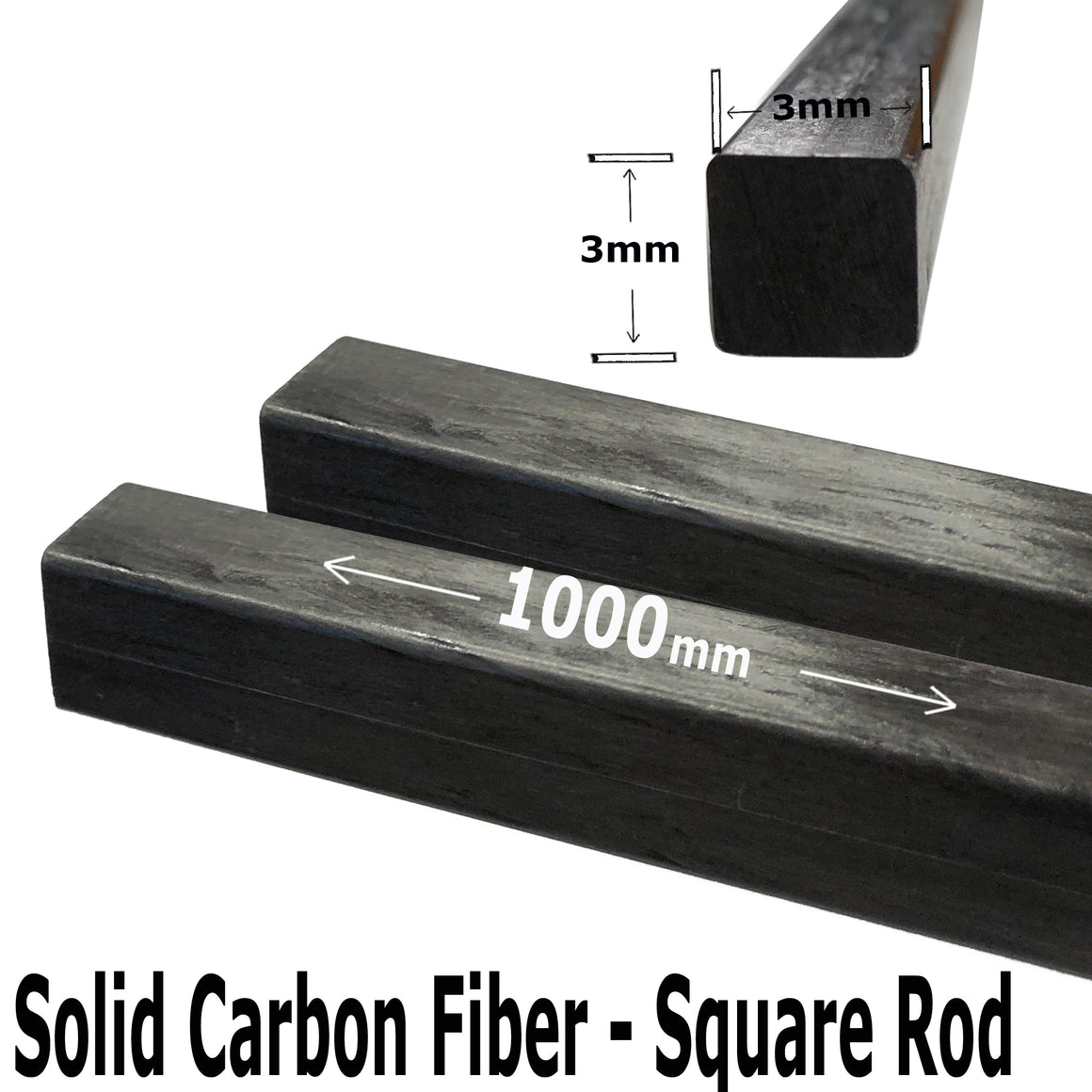 Pultruded Carbon Fiber Square Rods - 3mm x 3mm x 1000mm - High Strength Solid Rods