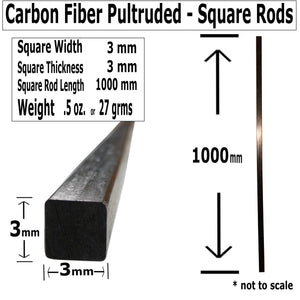 Pultruded Carbon Fiber Square Rods - 3mm x 3mm x 1000mm - High Strength Solid Rods