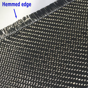 Carbon fiber fabric with hemmed edge, carbon aramid twill weave