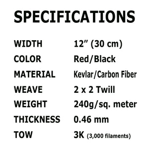 12" x 5 ft Red- CARBON FIBER ARAMID FABRIC-2x2 TWILL WEAVE CLOTH-3K/220g