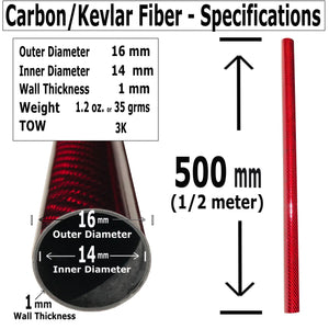 Carbon Kevlar Fiber Tubing  - 16mm x 14mm x 500mm - 3K Roll Wrap 100% Carbon Fiber & Kevlar Gloss-Red