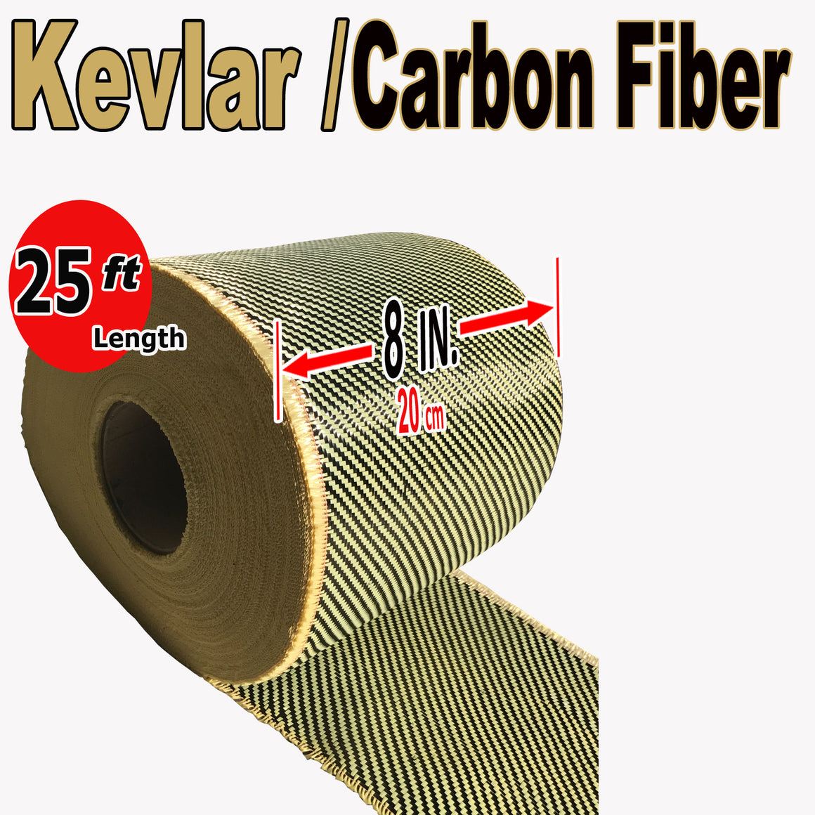 KEVLAR ARAMID  Fabric - 8 in x 25 ft - Ylw/Blk Twill - 240g/m2 - 3K TOW