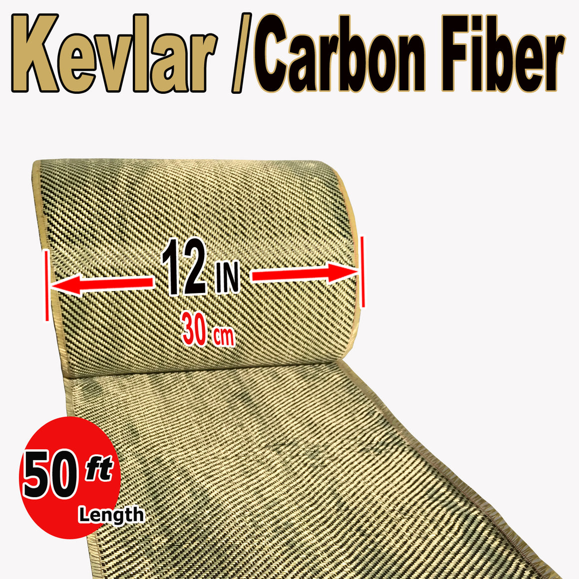 KEVLAR ARAMID  Fabric - 12 in x 50 ft - Ylw/Blk Twill - 240g/m2 - 3K TOW