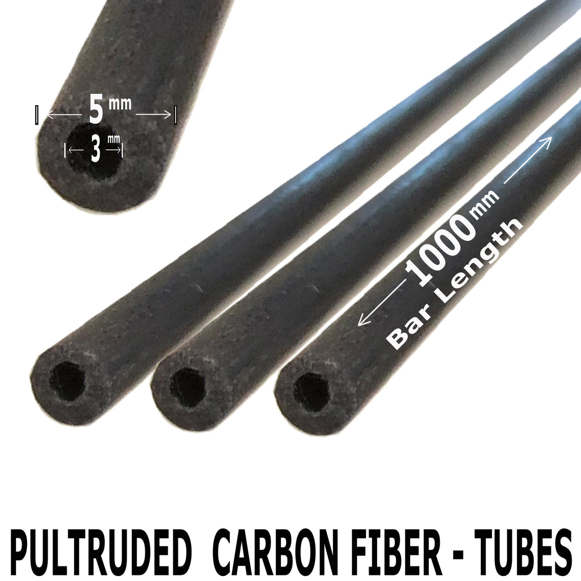 (2) Piece - 5mm x 3mm x 1000mm Carbon Fiber Tube - Pultruded Round Tube. Super High Strength for RC Hobbies, Drones, Special Projects