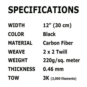 1 ft x 12" - Carbon Fiber FABRIC-2x2 Twill Weave Cloth-3K/220g
