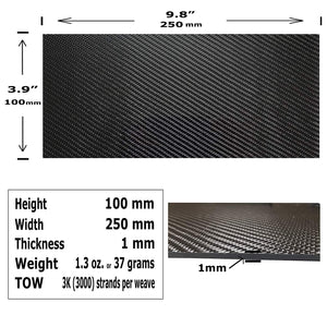 (2) Carbon Fiber Plate - 100mm x 250mm x 1mm Thick - 100% -3K Tow, Plain Weave -High Gloss Surface (1) Plate