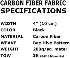 4 in x 10 FT - Bee Hive - CARBON FIBER FABRIC-2x2 Twill WEAVE-3K - 220g-Black