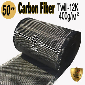 50 FT x 12" - CARBON FIBER FABRIC-2x2 TWILL WEAVE-3K/220g