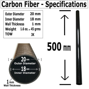 Carbon Fiber Tube - 20mm x 18mm x 500mm - 3K Roll Wrapped Tube Glossy Surface