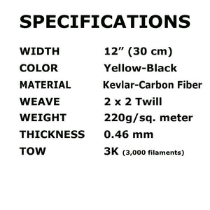 Kevlar Fabric- (YLW-Blk 5 ft x 12 in) 2x2 Twill WEAVE-3K/200g