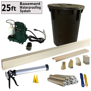 25 Ft - Complete Basement Waterproofing System. Includes, baseboard channel gutter panels, sump pump & basin, floor adhesive, caulk gun and all accessories. DIY System
