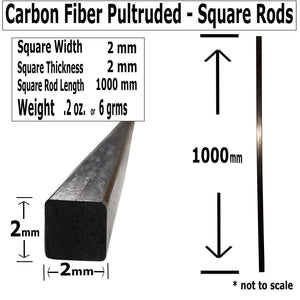 (4) 2mm X 1000mm - PULTRUDED-Square Carbon Fiber Rod. 100% Pultruded high Strength Carbon Fiber. Used for Drones, Radio Controlled Vehicles. Projects requiring high Strength to Weight Components.