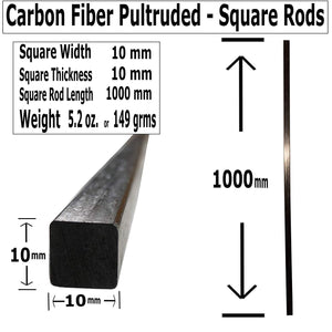 (2) 10mm X 1000mm - PULTRUDED-Square Carbon Fiber Rod. 100% Pultruded high Strength Carbon Fiber. Used for Drones, Radio Controlled Vehicles. Projects requiring high Strength to Weight Components.