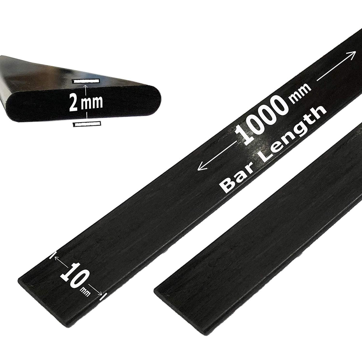 (2) 2mm x 10mm 1000mm - PULTRUDED-Flat Carbon Fiber Bar. 100% Pultruded high Strength Carbon Fiber. Used for Drones, Radio Controlled Vehicles. Projects requiring high Strength Components