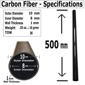 (2) Carbon Fiber Tube - 10mm x 8mm x 500mm - 3K Roll Wrapped 100% Carbon Fiber Tube Glossy Surface (2 Tubes)