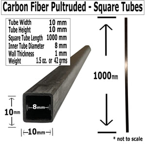 (10) Pultruded Square Carbon Fiber Tube - 5mm x 5mm x 1000mm