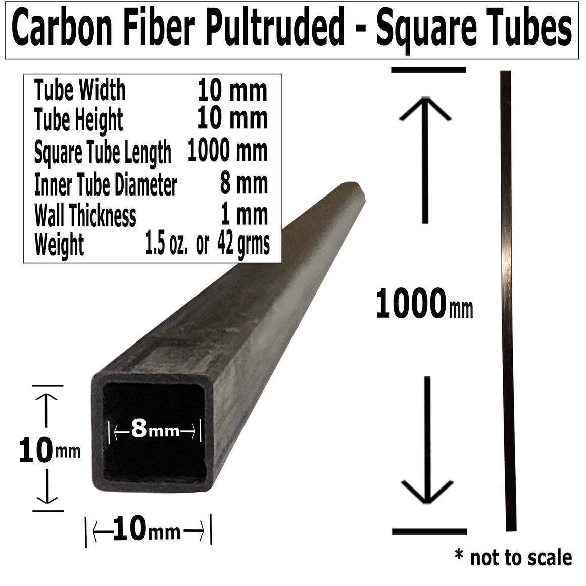 (10) Pultruded Square Carbon Fiber Tube - 10mm x 10mm x 1000mm