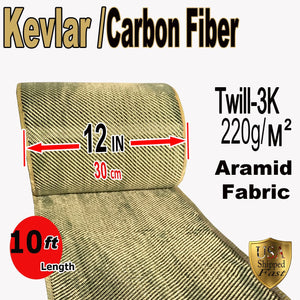 Kevlar Fabric- (YLW-Blk 10 ft x 12 in) 2x2 Twill WEAVE-3K/200g