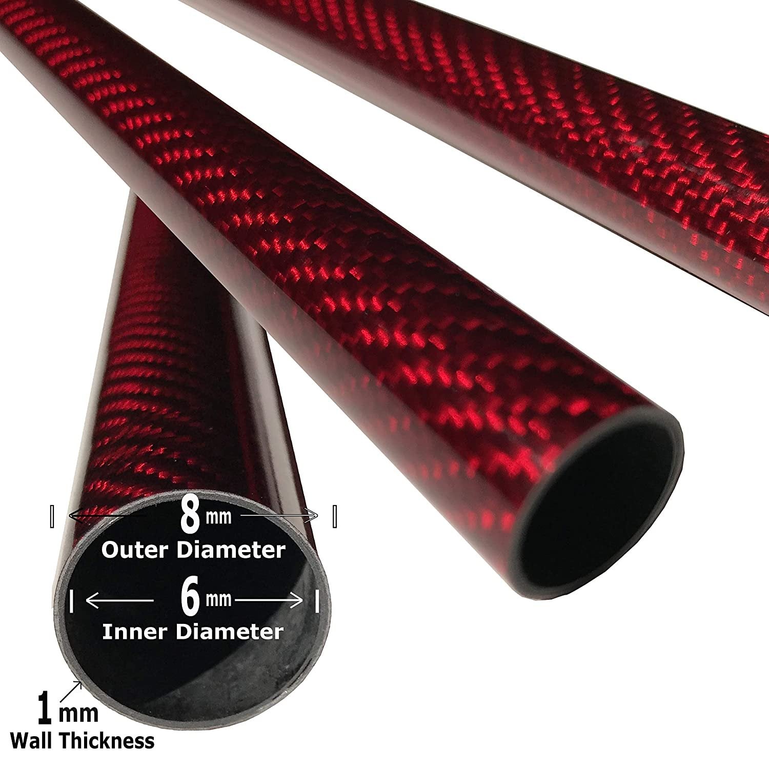 2 RED Carbon Fiber Kevlar Tubes 8mm x 6mm x 500mm 3K Roll Wrapped 100 Carbon Fiber Tube Glossy Surface 2 Tubes