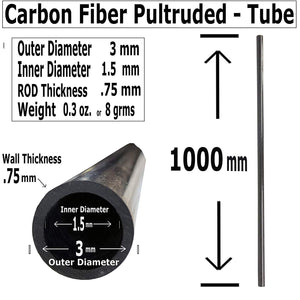 (1) Piece - 3mm x 1.5mm x 1000mm Carbon Fiber Tube - Pultruded Round Tube. Super High Strength for RC Hobbies, Drones, Special Projects