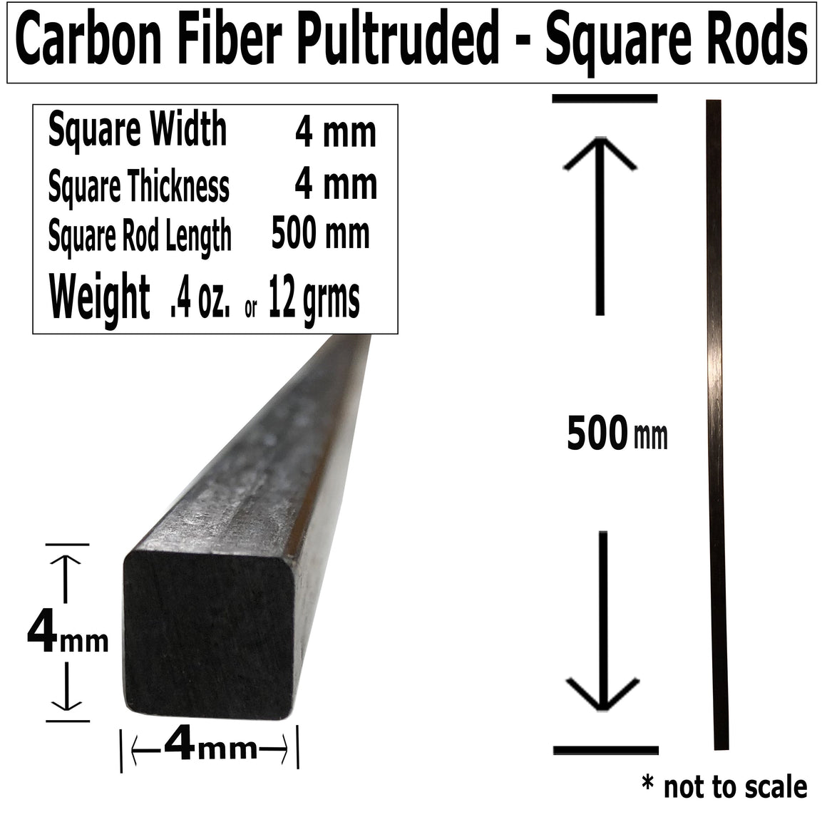 (4) 4mm X 1000mm - PULTRUDED-Square Carbon Fiber Rods. 100% Pultruded high Strength Carbon Fiber. Used for Drones, Radio Controlled Vehicles. Projects requiring high Strength to Weight Components.