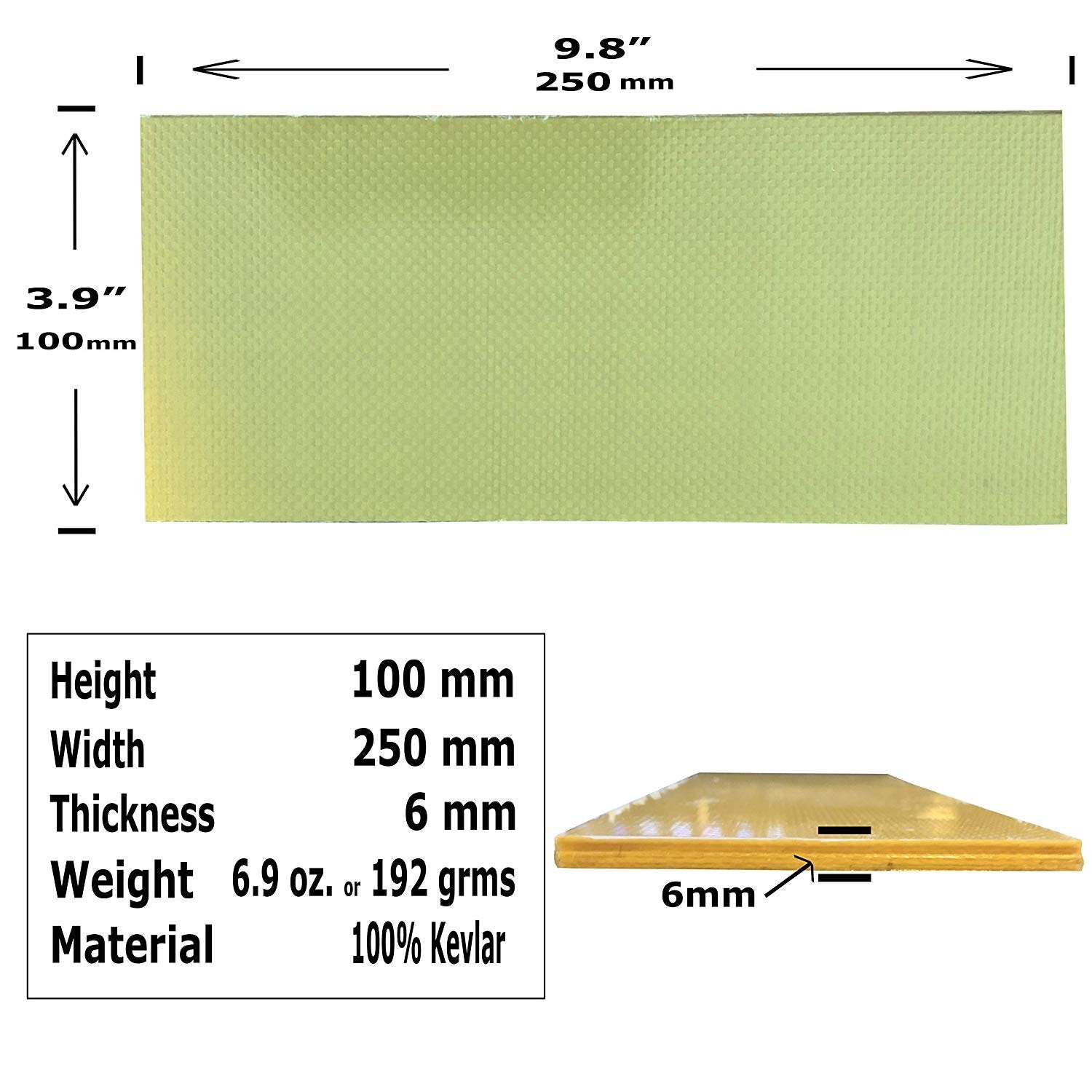 1) Kevlar Plate - 100mm x 250mm x 6mm Thick - 100% Kevlar Plain