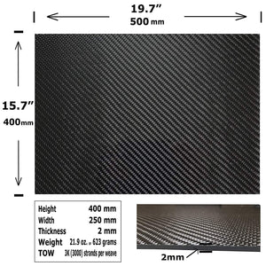 Carbon Fiber Plates - 400mm x 500mm x 2mm Thick - 100% -3K Tow, Plain Weave -High Gloss Surface