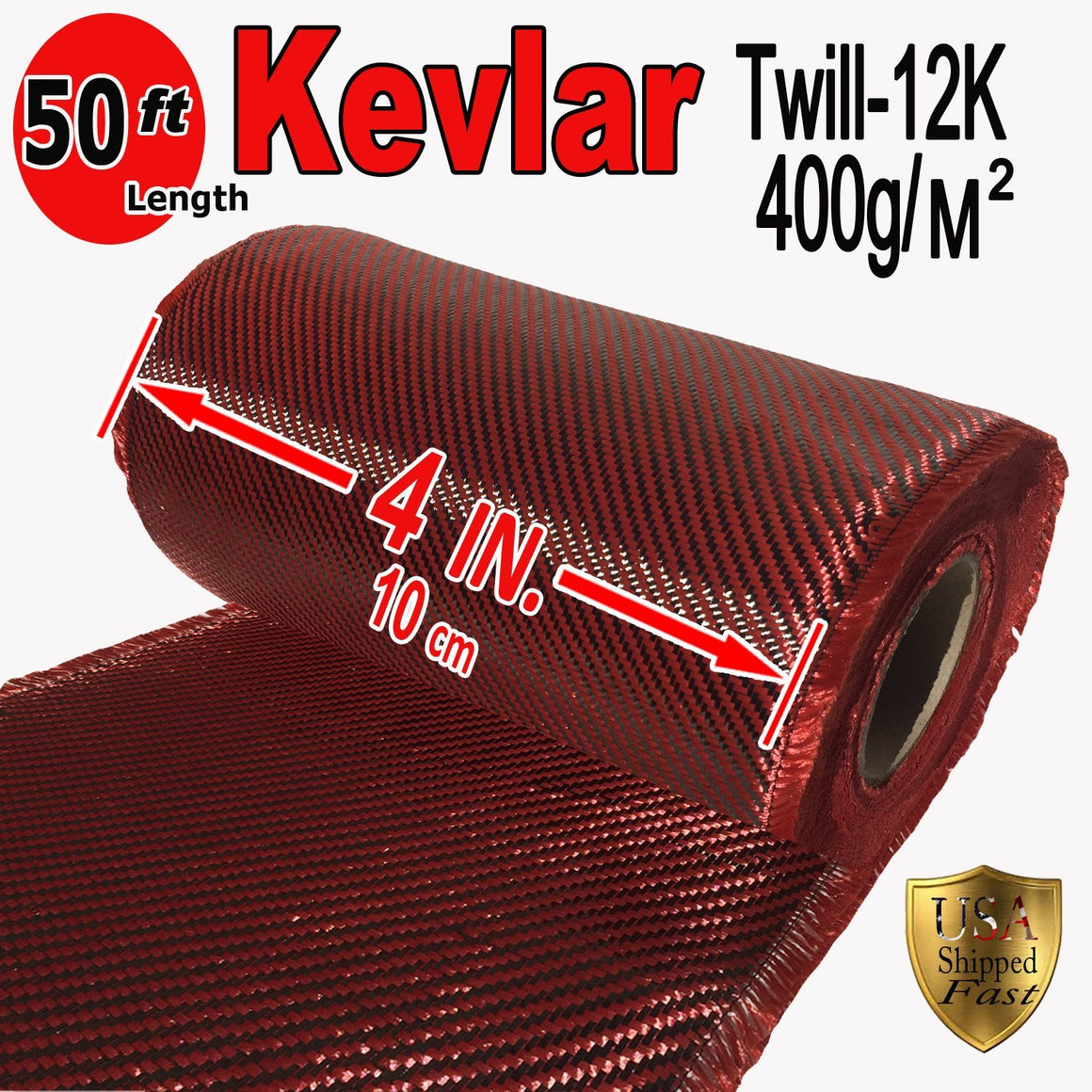 4" x 50 FT Red - KEVLAR FABRIC-2x2 TWILL WEAVE-3K/220g