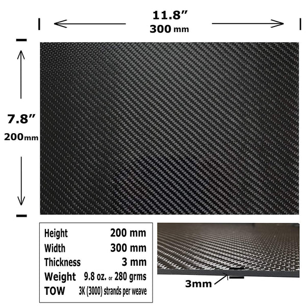(2) Carbon Fiber Plates - 200mm x 300mm x 3mm Thick - 100% -3K Tow, Pl ...