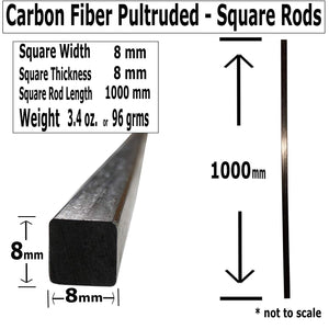 (2) 8mm X 1000mm - PULTRUDED-Square Carbon Fiber Rod. 100% Pultruded high Strength Carbon Fiber. Used for Drones, Radio Controlled Vehicles. Projects requiring high Strength to Weight Components.