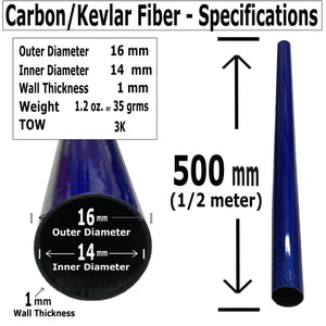 Blue - Carbon Fiber-Kevlar Tube - 16mm x 14mm x 500mm - 3K Roll Wrapped 100% Carbon Fiber Tube Glossy Surface