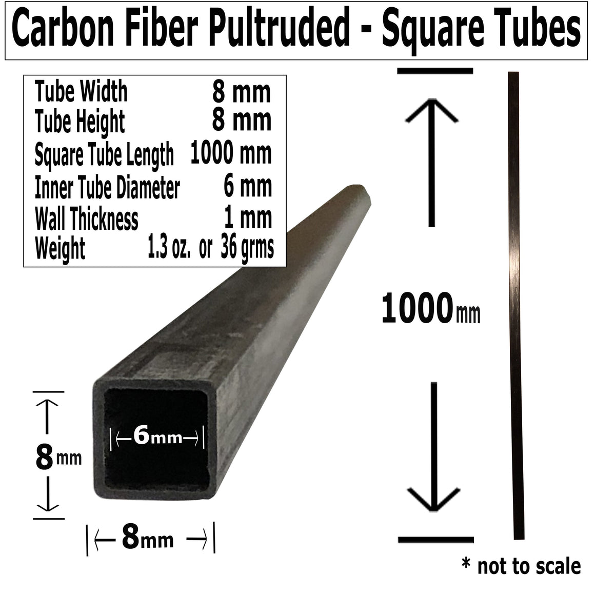 (10) Pultruded Square Carbon Fiber Tube - 8mm x 8mm x 1000mm