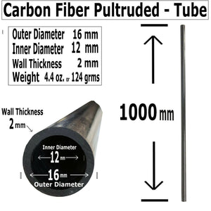 (2) Piece - 16mm x 12mm x 1000mm Carbon Fiber Tube - Pultruded Round Tube. Super High Strength for RC Hobbies, Drones, Special Projects