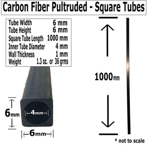 (4) 6mm x 6mm x 1000mm - Pultruded Carbon Fiber - Square Tube-Round Center- RC Hobbies, Drones, Special Projects- RC - (4) Tubes