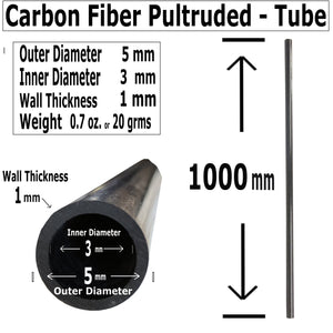 (2) Piece - 5mm x 3mm x 1000mm Carbon Fiber Tube - Pultruded Round Tube. Super High Strength for RC Hobbies, Drones, Special Projects