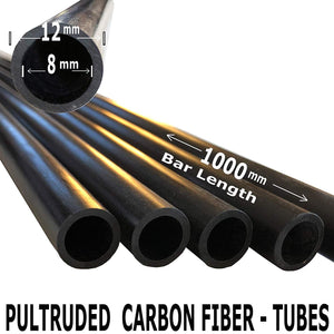 (2) Pieces - 12mm x 8mm x 1000mm Carbon Fiber Tube - Pultruded Round Tube. Super High Strength for RC Hobbies, Drones, Special Projects