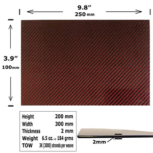 (2) Red Carbon Fiber Plate - 200mm x 300mm x 2mm Thick - 100% -3K Tow, Plain Weave -High Gloss Surface (1) Plate