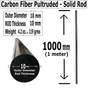 (10) 10mm x 1000mm Carbon Fiber RODS - Solid Pultruded Round Rods. Super High Strength for RC Hobbies, Drones, Special Projects - (10) Rods