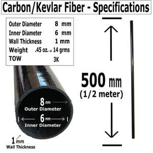 Red Carbon Fiber Tubing- 8mm x 6mm x 500mm - 3K- Plain Weave-High Gloss