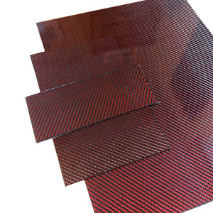 (2) Red Carbon Fiber Plate - 400mm x 500mm x 2mm Thick - 100% -3K Tow, Plain Weave -High Gloss Surface (1) Plate